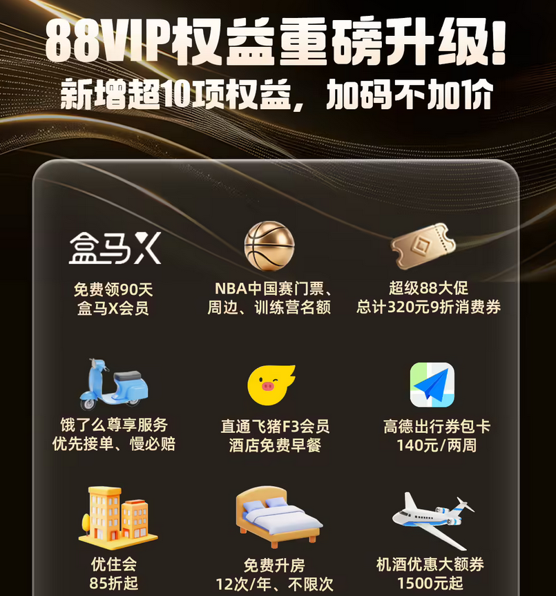 淘宝宣布 88VIP 权益升级：新增盒马、饿了么、飞猪、高德等超 10 项会员权益